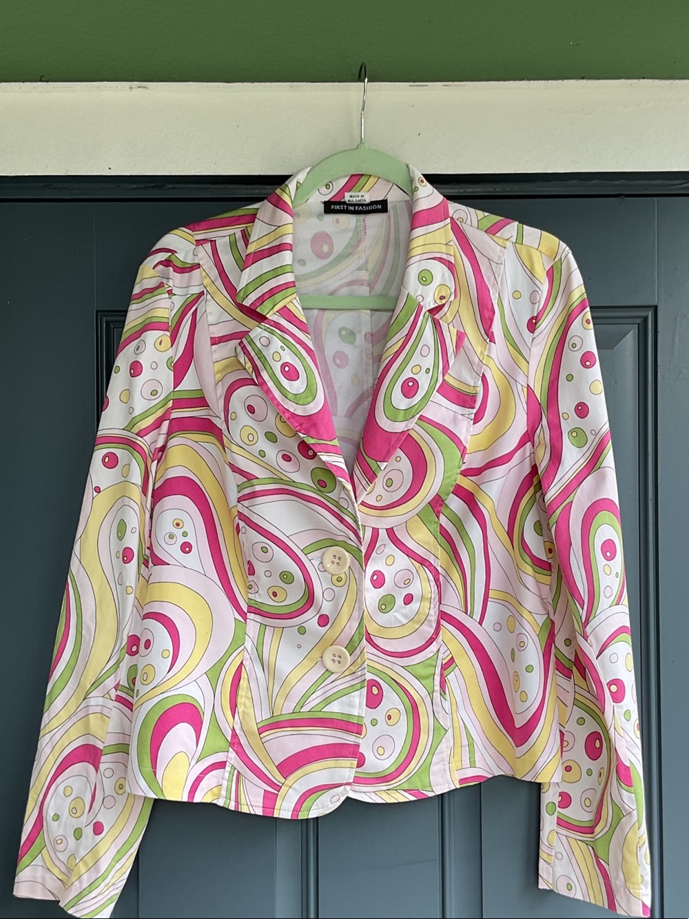 First In Fashion Vibrant Pink & Green Printed Women's Blazer, Size M